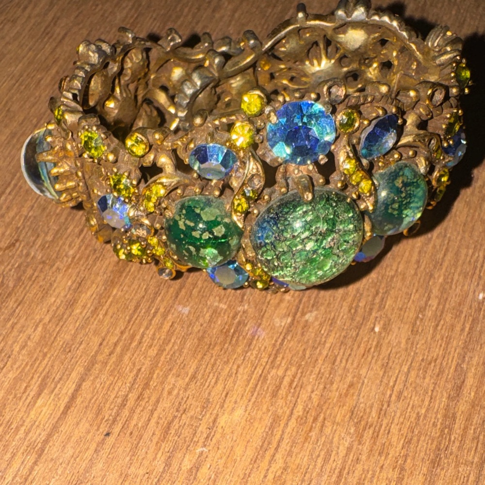Vintage 1958 Hollycraft Green & Blue 'Cat's Eye' Rhinestone Bangle Bracelet
